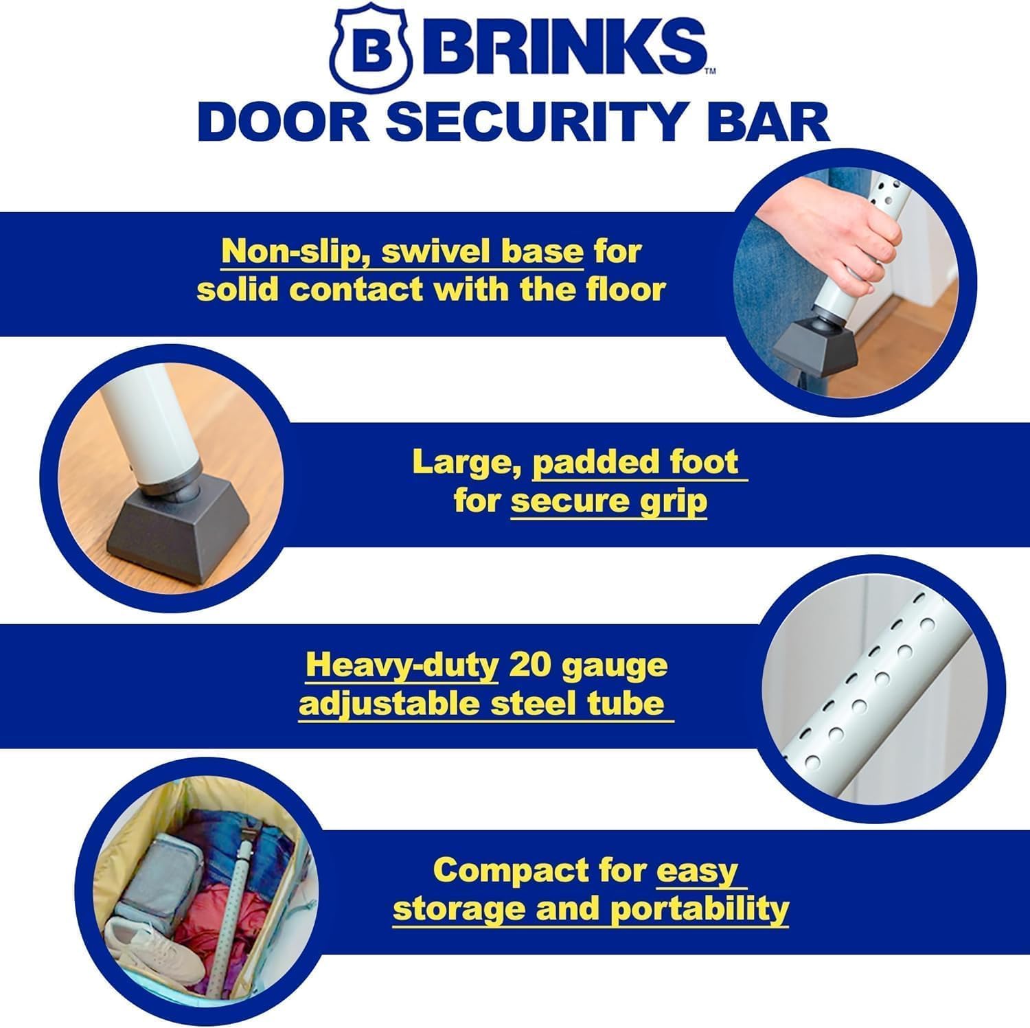 BRINKS- Portable Alarm Door Security Bar, Silver, 121dB Alarm Level- Adjustable Security Door Jammer- Fits Standard Sliding Doors, Hinged Doors, and Windows- for Travel, Home, Dorm