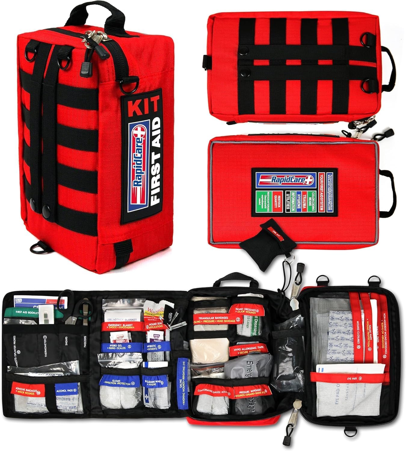 Rapid Care First Aid Kit – 300+ Piece Emergency Medical Kit with Bonus 95-Piece Travel Pack – Outdoor, Workplace, and Home Use – Color Coded & Labeled for Quick Access