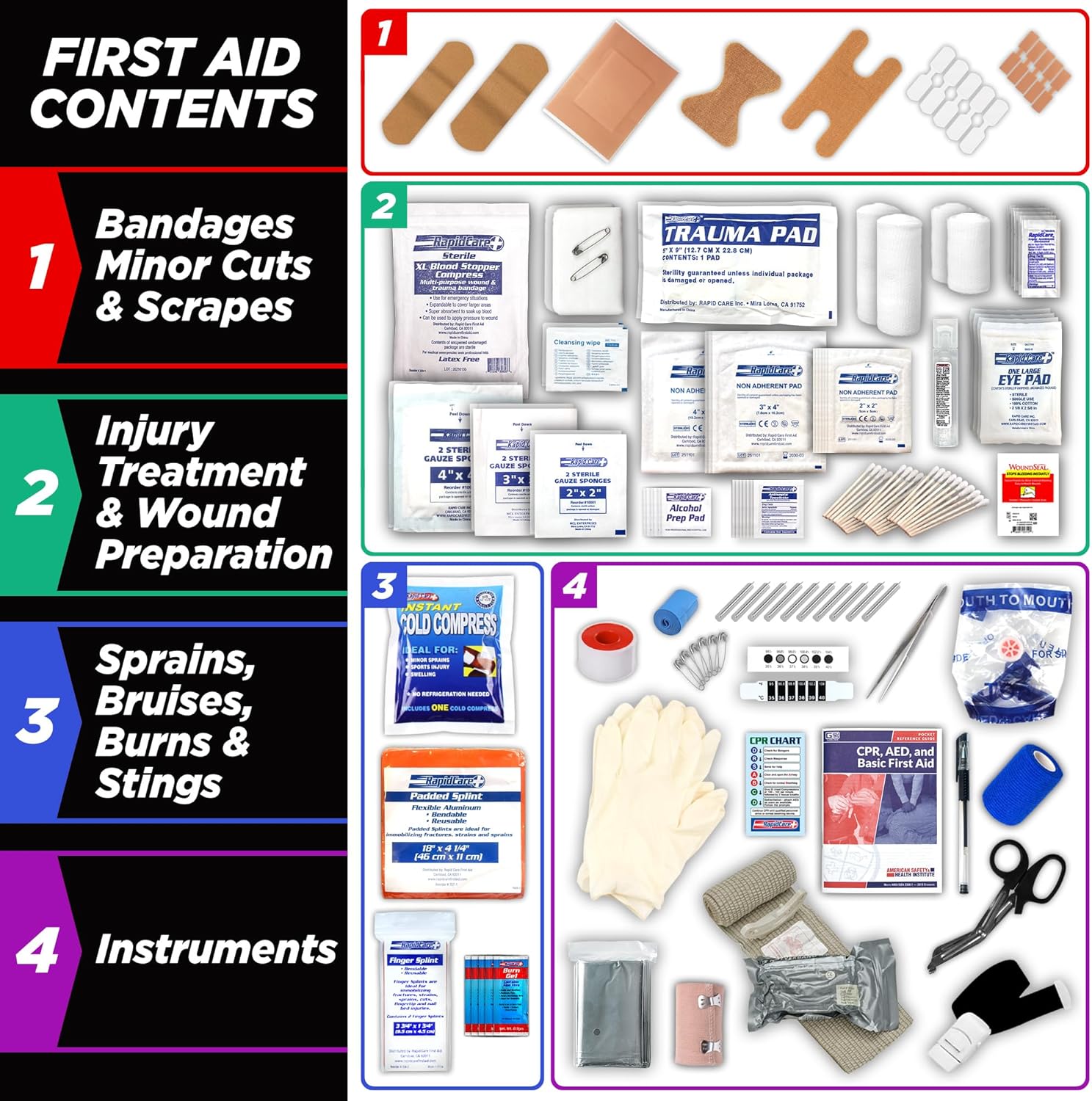 Rapid Care First Aid Kit – 300+ Piece Emergency Medical Kit with Bonus 95-Piece Travel Pack – Outdoor, Workplace, and Home Use – Color Coded & Labeled for Quick Access