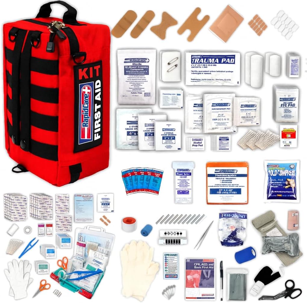 Rapid Care First Aid Kit – 300+ Piece Emergency Medical Kit with Bonus 95-Piece Travel Pack – Outdoor, Workplace, and Home Use – Color Coded & Labeled for Quick Access